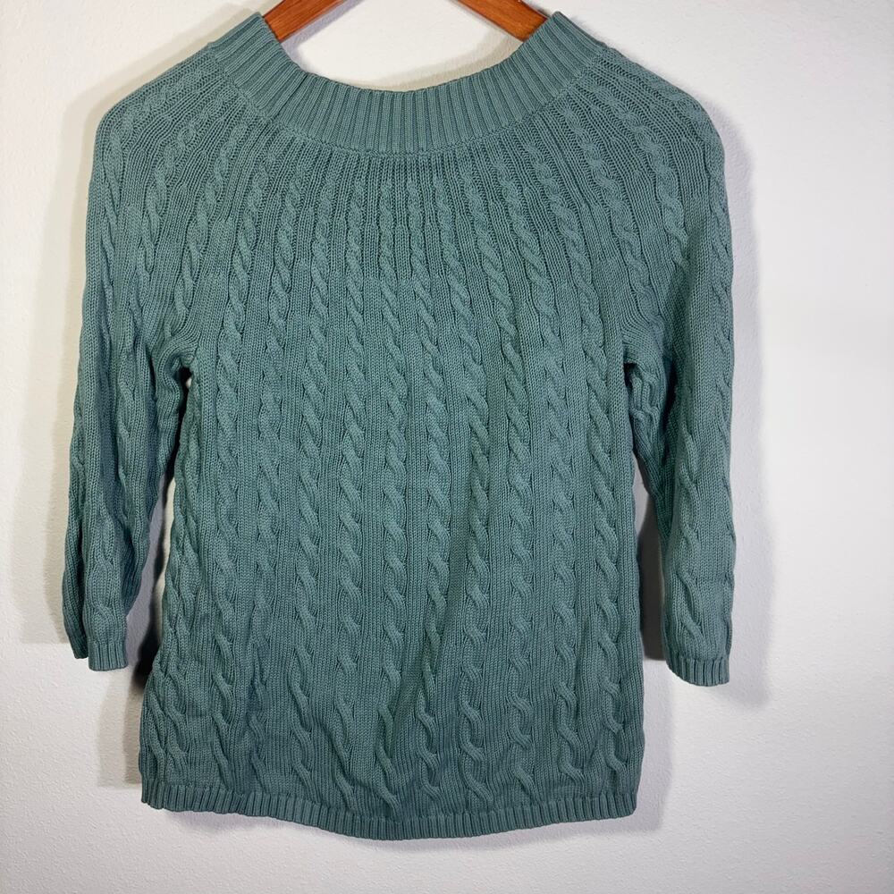 Talbots Petite Cable Knit Sweater Teal Cotton Crewneck Classic Size P - Picture 3 of 6